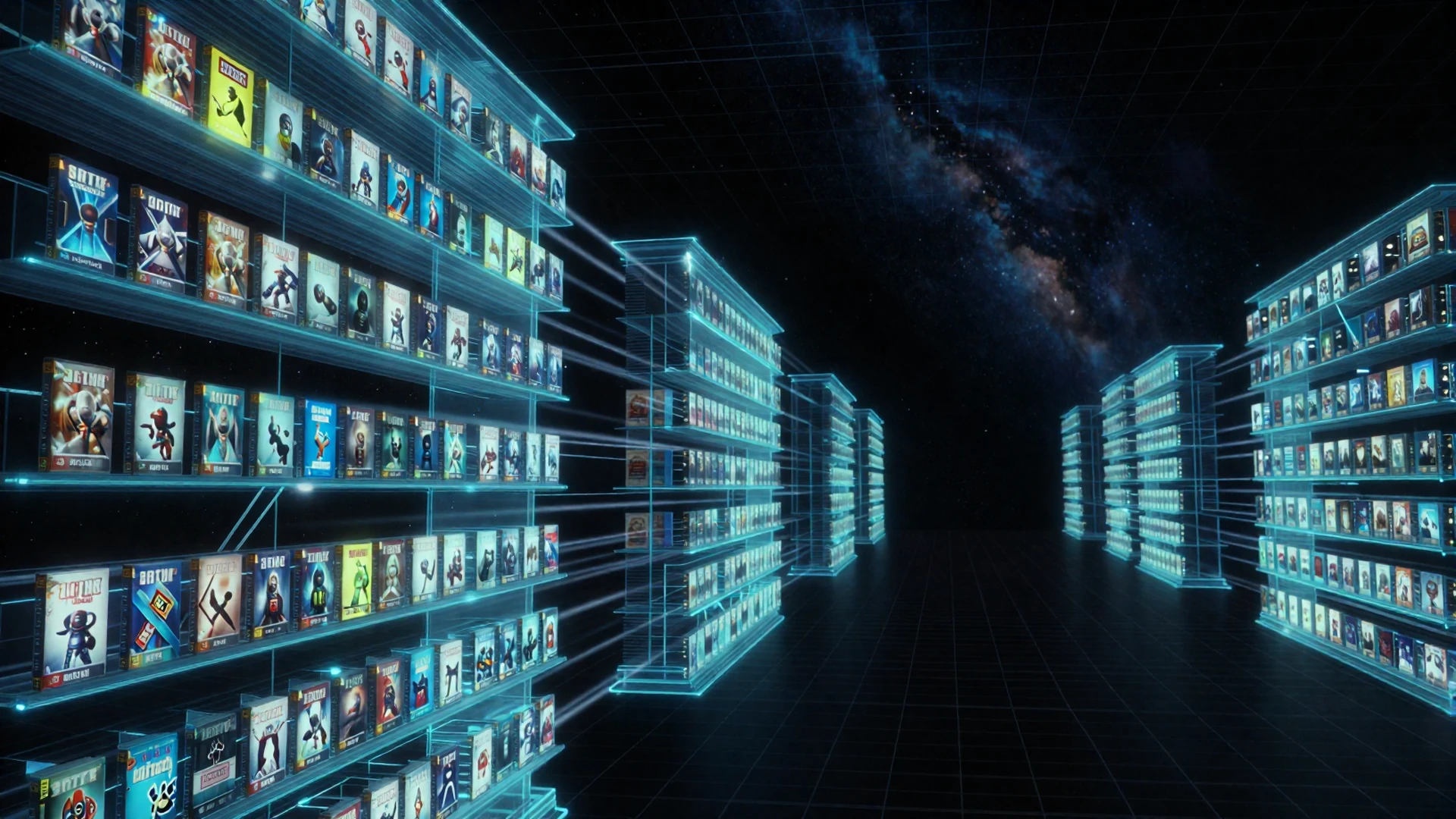 Futuristic digital game library with holographic shelves and glowing game covers in deep space