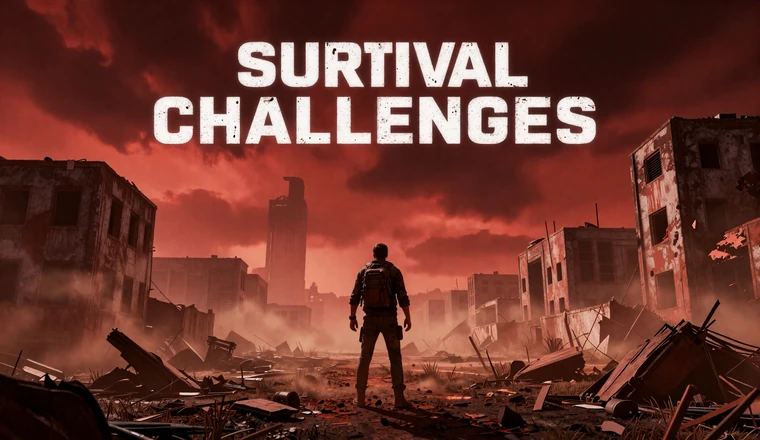 Against the Clock collection - lone survivor in post-apocalyptic wasteland under red dust storm