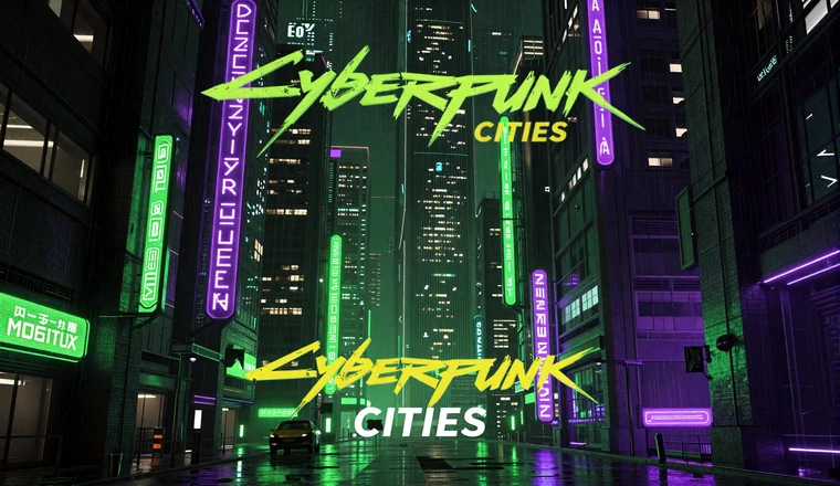 Neon Errands collection - neon-soaked megacity at night with acid green and purple lights