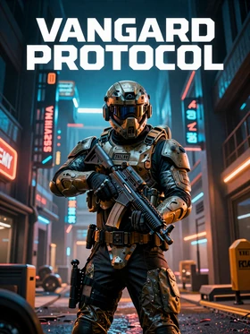 Laser Committee game cover - armored soldier in neon-lit urban warzone