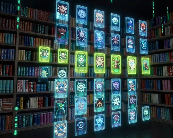 Patchlight digital library - glowing holographic game shelves in a futuristic data space