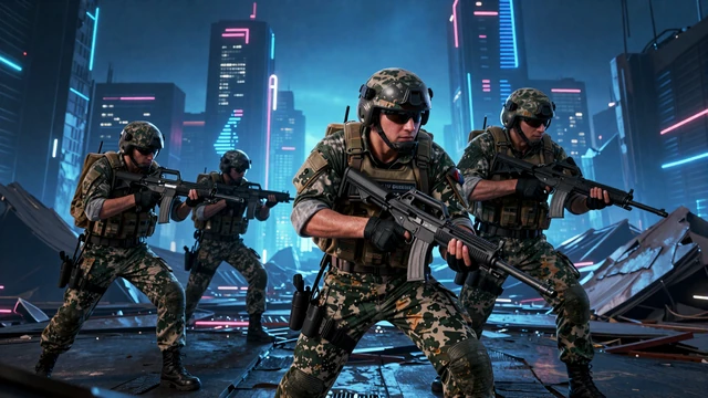 Tactical warfare editorial - soldiers in neon city ruins