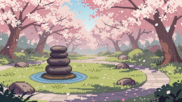 Peaceful indie game editorial - pixel art zen garden with cherry blossoms