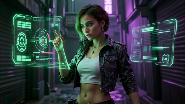 Cyberpunk RPG release - female protagonist in neon-lit alley with holographic interfaces